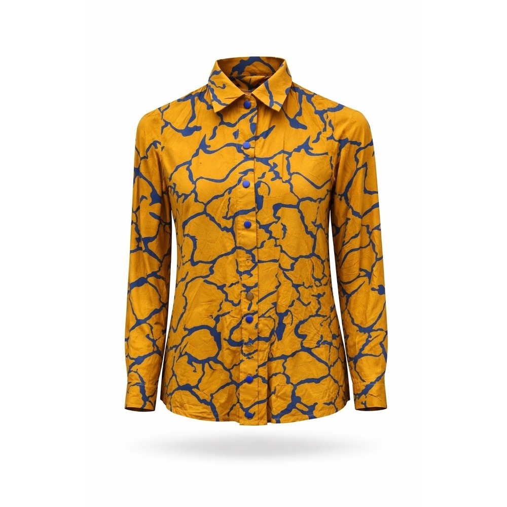 Abstract Marble Print Button Down Shirt Mustard Yellow Blue Long Sleeve Top